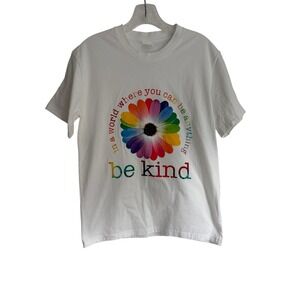 Be Kind Rainbow Daisy Graphic T-Shirt White Cotton Short Sleeve Womens Medium